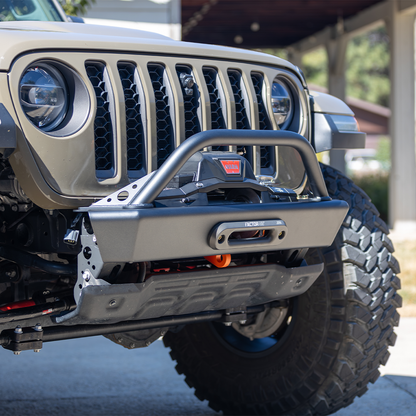 Jeep JL JLU JT front bumper with replaceable skin and Factor 55 fairlead compatibility