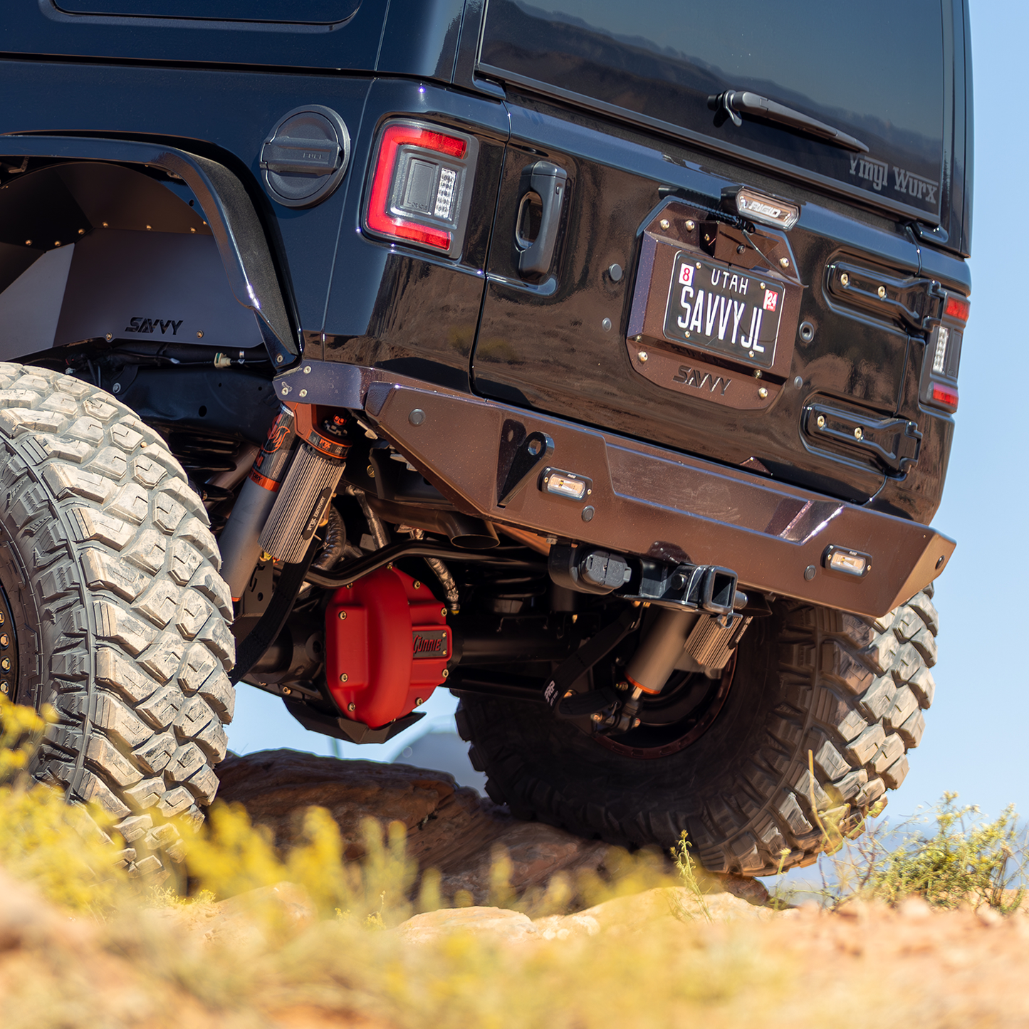 Best Jeep Wrangler JL rear bumper Savvy Krawler Lite rear bumper showing maximum departure angle on Jeep JLU, lightweight aluminum armor