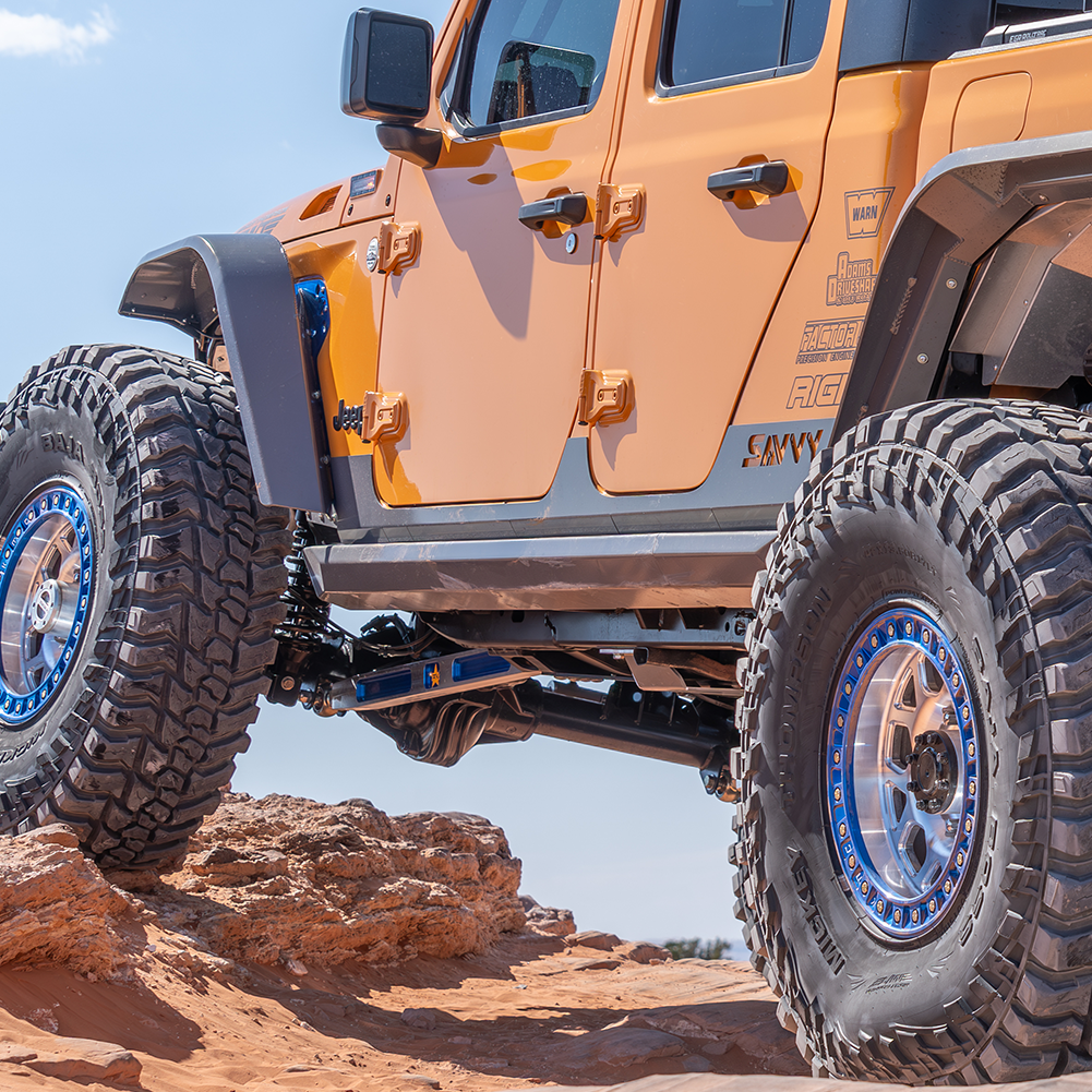 Savvy Krawler Lite weld-on sliders on Jeep Gladiator JT, low-profile high-clearance design fully boxed frame brackets