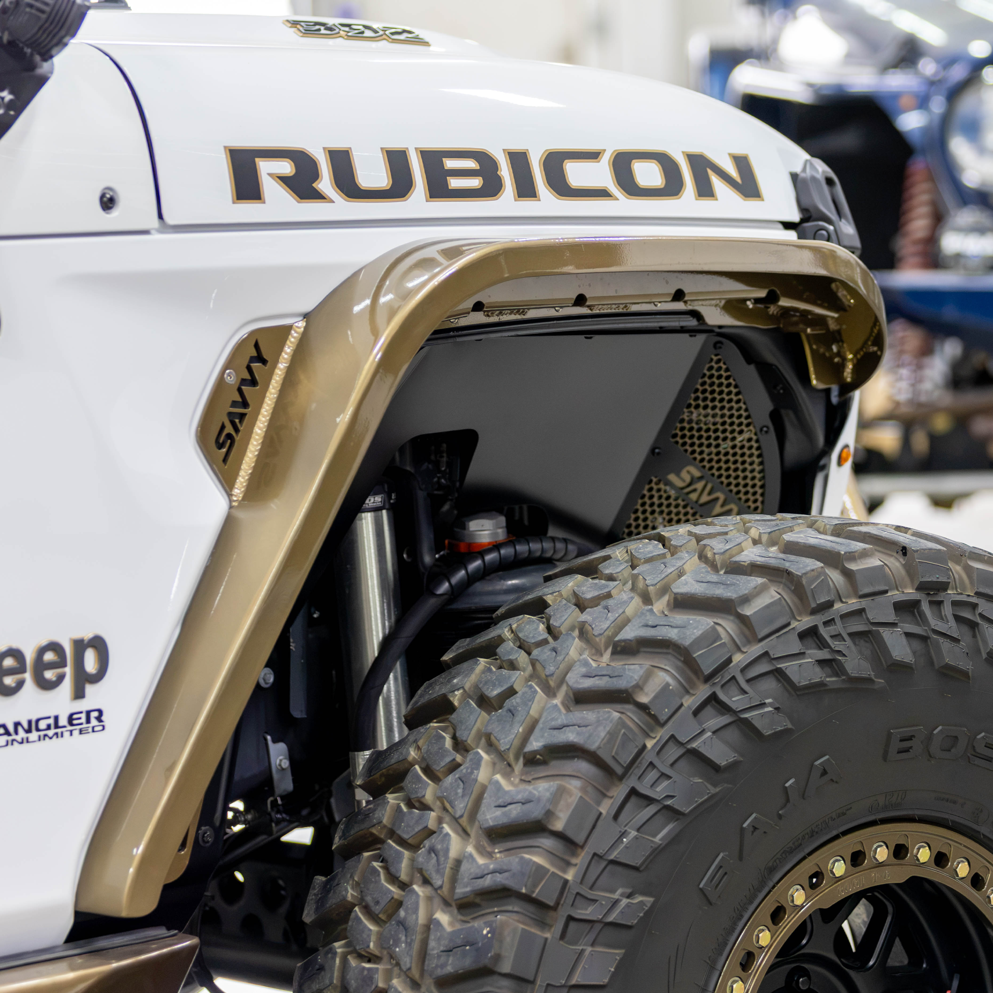 Close-up of high-clearance wheel opening on Jeep JL front highline fender