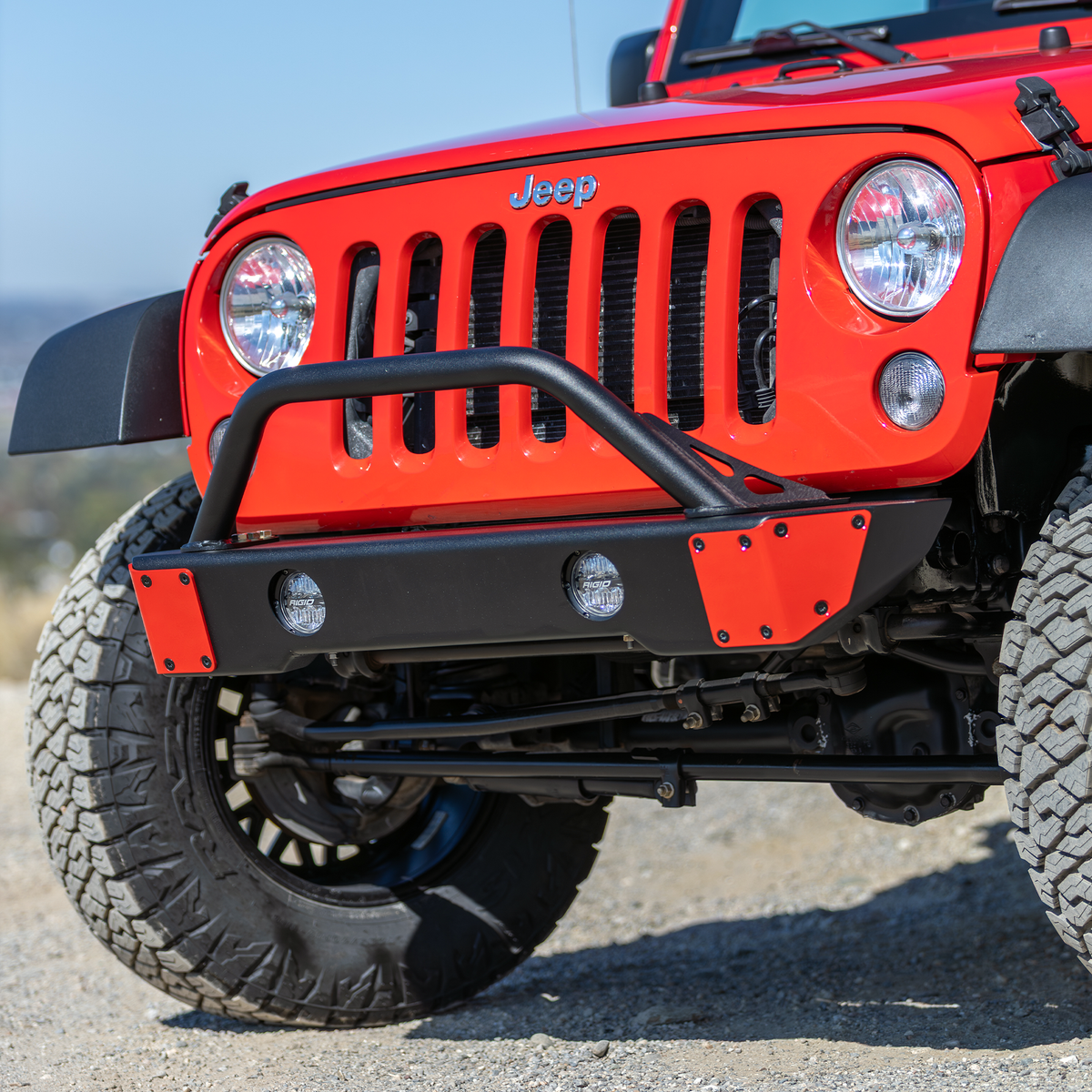 Close-up of the bolt-on hoop attachment on the Savvy Offroad Surf & Turf front bumper