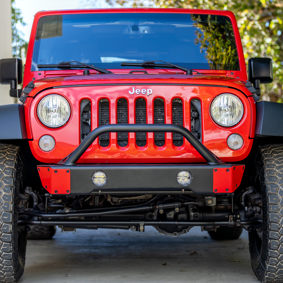 Front view of the Savvy Offroad Surf & Turf aluminum bumper with bolt-on hoop