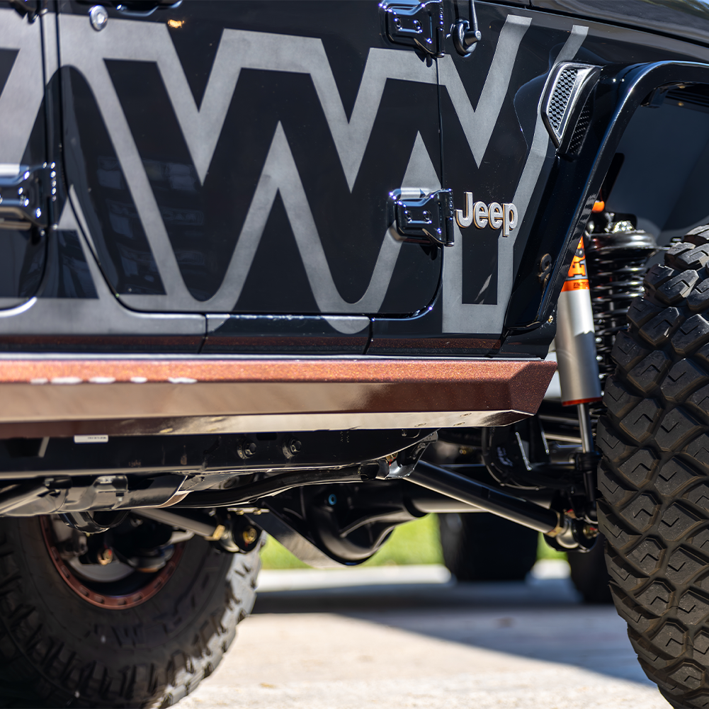 Savvy Krawler Lite weld-on sliders tight high-clearance fit on Jeep JLU body, no-snag low-profile rocker armor