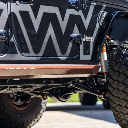 Savvy Krawler Lite weld-on sliders tight high-clearance fit on Jeep JLU body, no-snag low-profile rocker armor