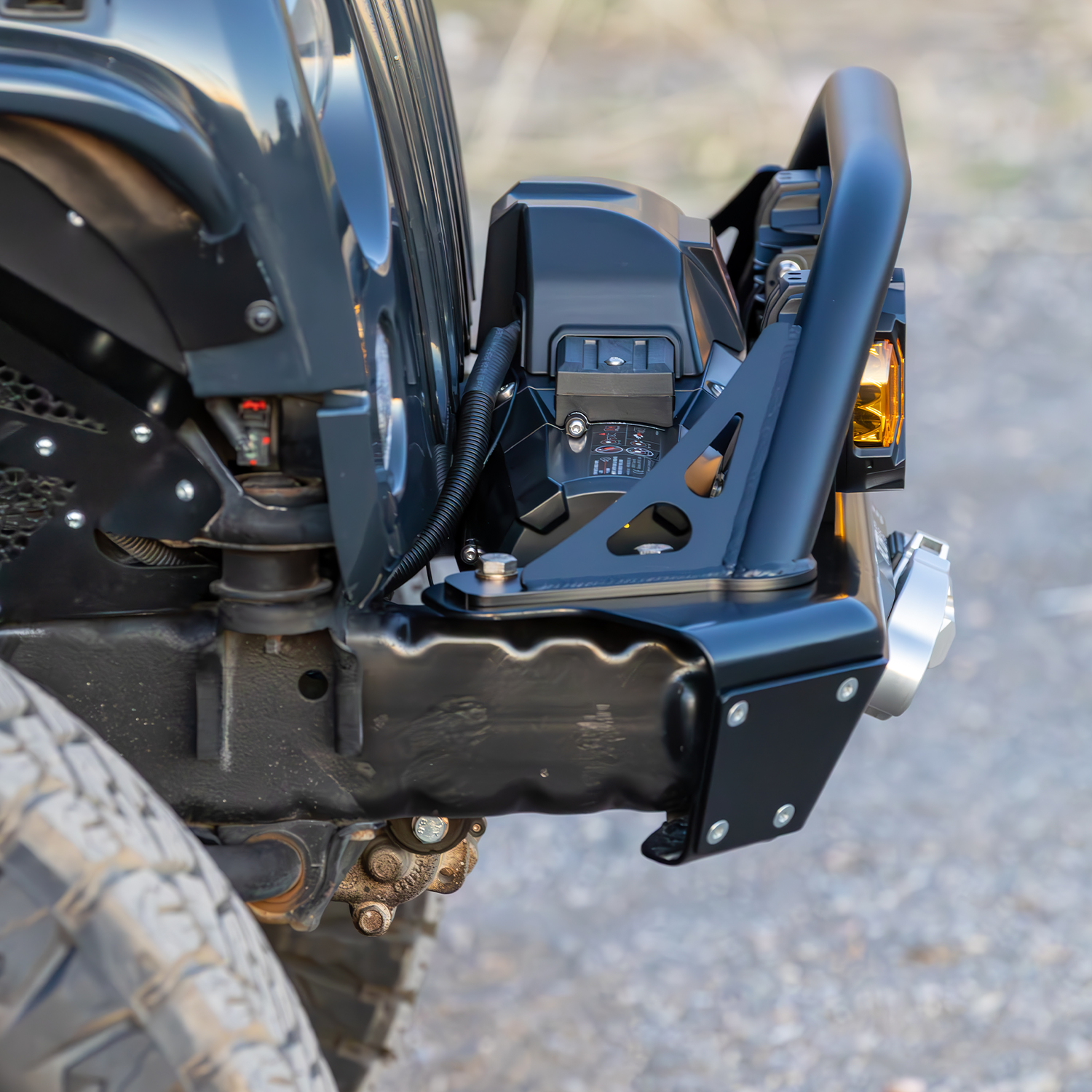 High-clearance Jeep JK front bumper with hoop and winch plate