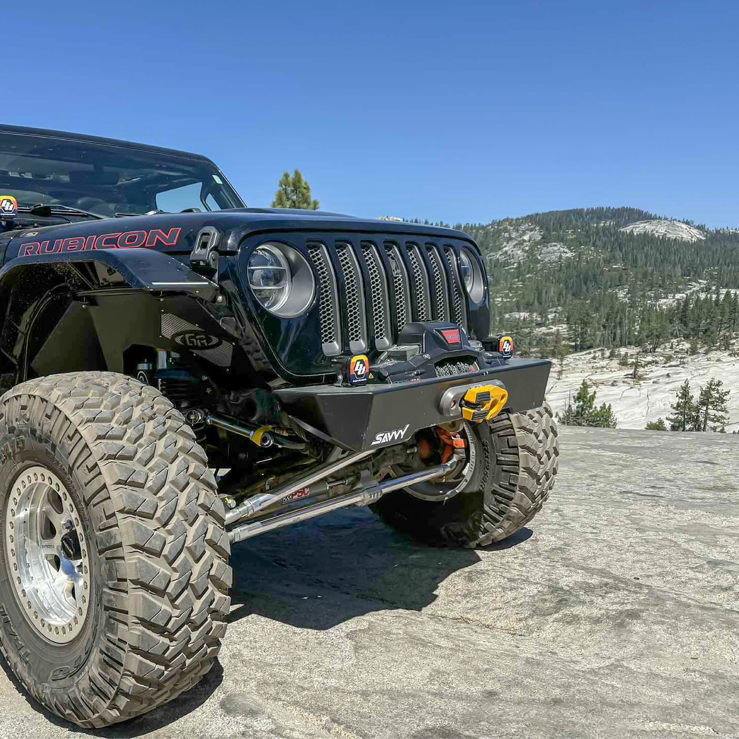 Jeep JLU front bumper with baja designs lights and warn winch and factor 55 ultra hook