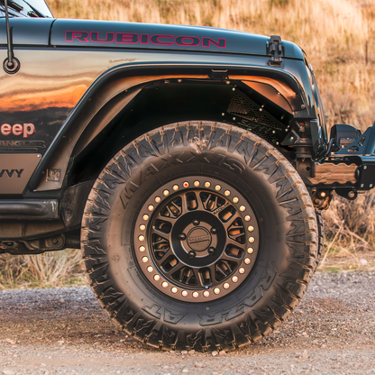 JK JKU front inner fenders powder coated black, custom finish high clearance vented aluminum liner