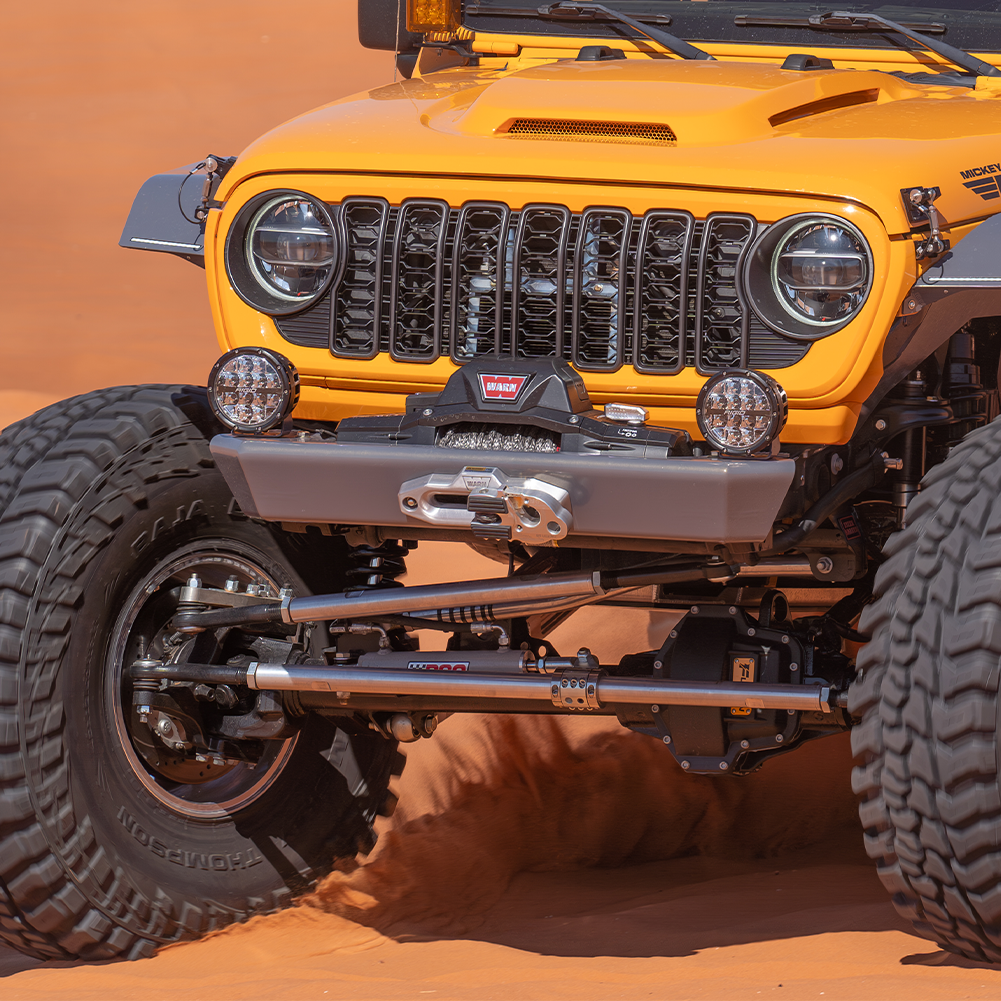 JL front bumper Factor 55 hawse fairlead cutout, Warn Winch, synthetic rope protection 6061 aluminum skin