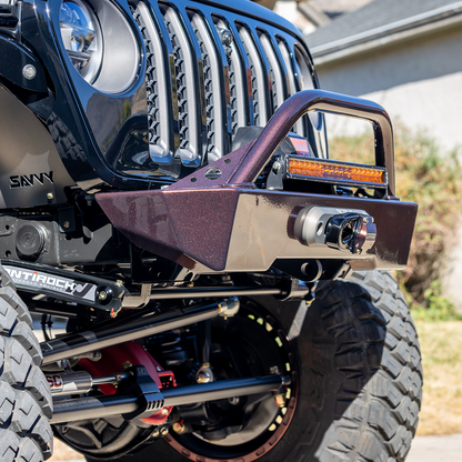 Savvy Offroad Krawler Lite aluminum front bumper with hoop installed on Jeep JL Wrangler, raw aluminum finish