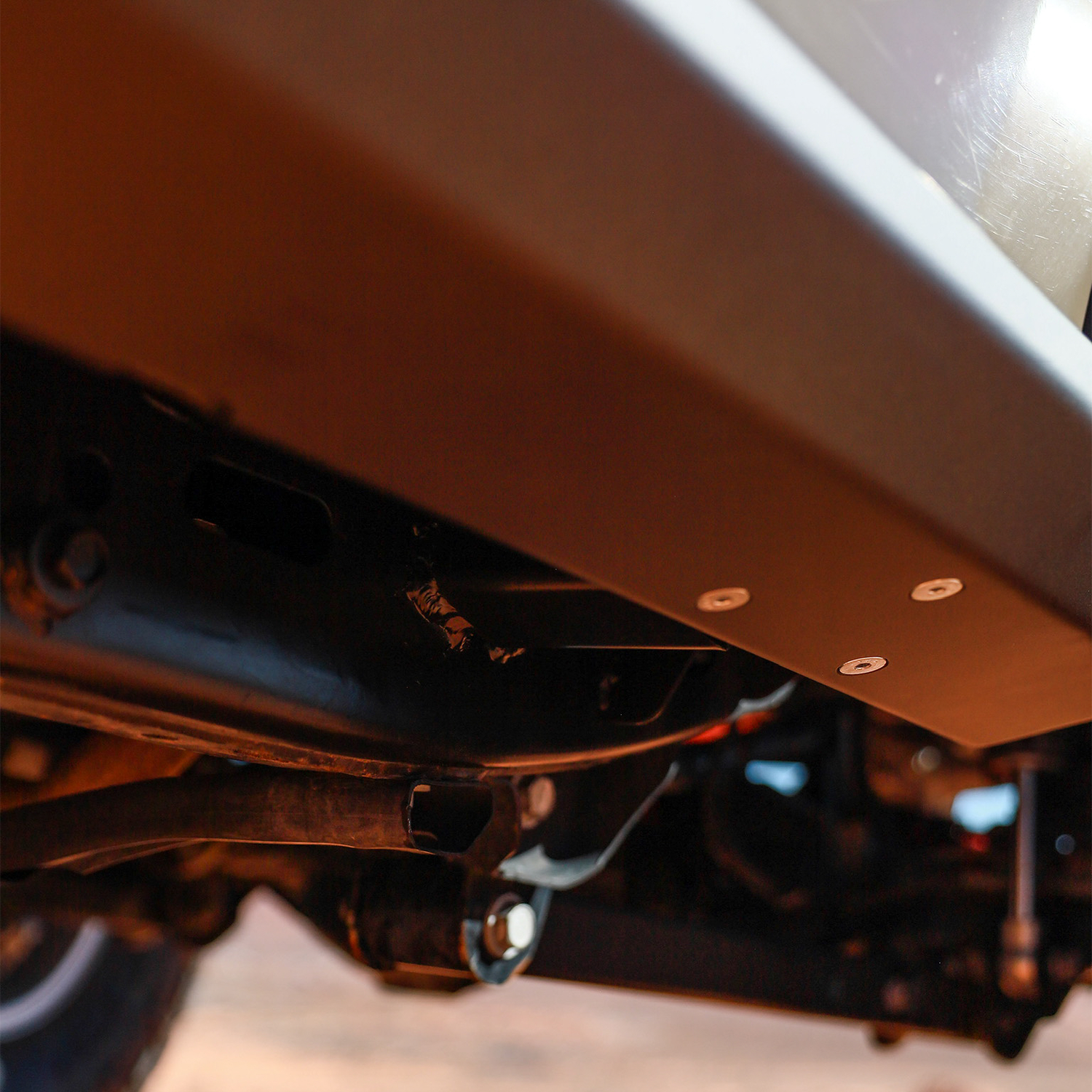 Savvy Krawler Lite JT Gladiator weld-on slider bracket welded directly to frame rail, hardcore off-road reinforcement