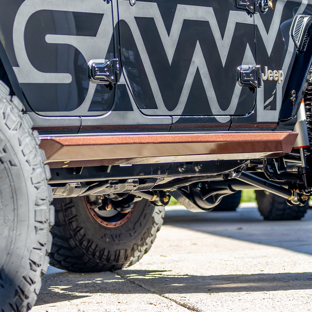 Jeep JL Wrangler Rock Sliders Savvy Offroad Krawler Lite weld-on rock sliders on 2018-2026 Jeep Wrangler JLU, high-clearance rocker panel protection raw steel