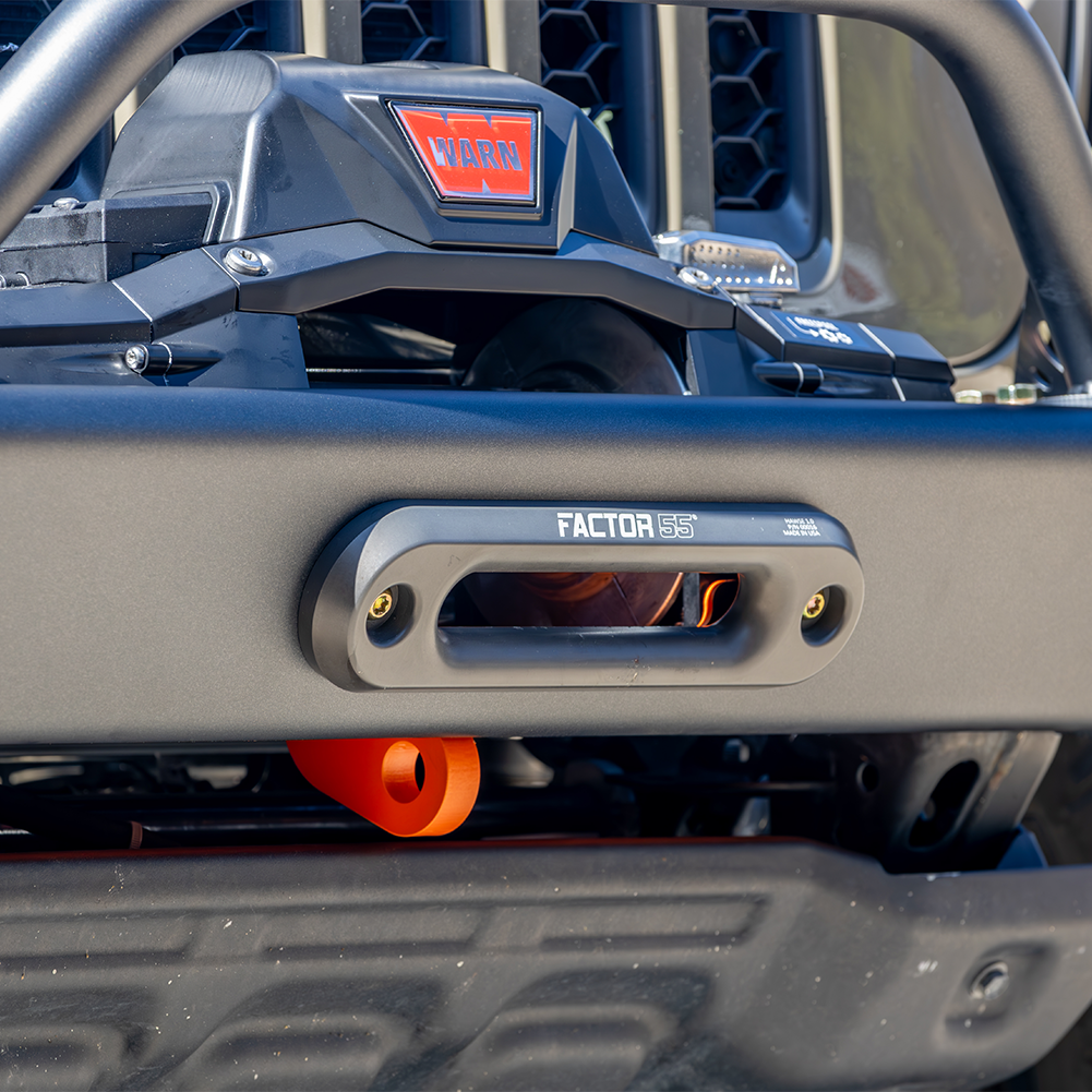 Jeep Front Bumper With Warn Winch and Factor 55 Fairlead and Recovery point