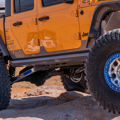 High-clearance Jeep JT sliders installed on long-arm suspension-equipped Jeep