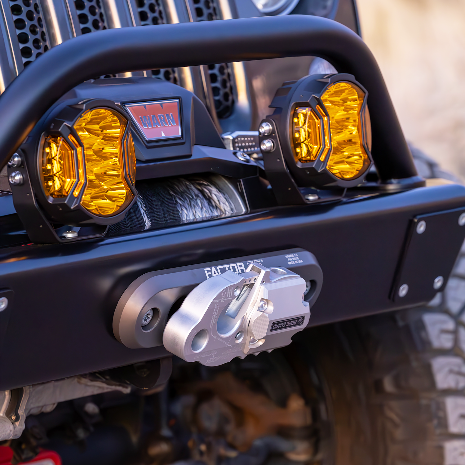 Jeep JK JKU front bumper with replaceable skin and Factor 55 fairlead and warn winch best for off roading
