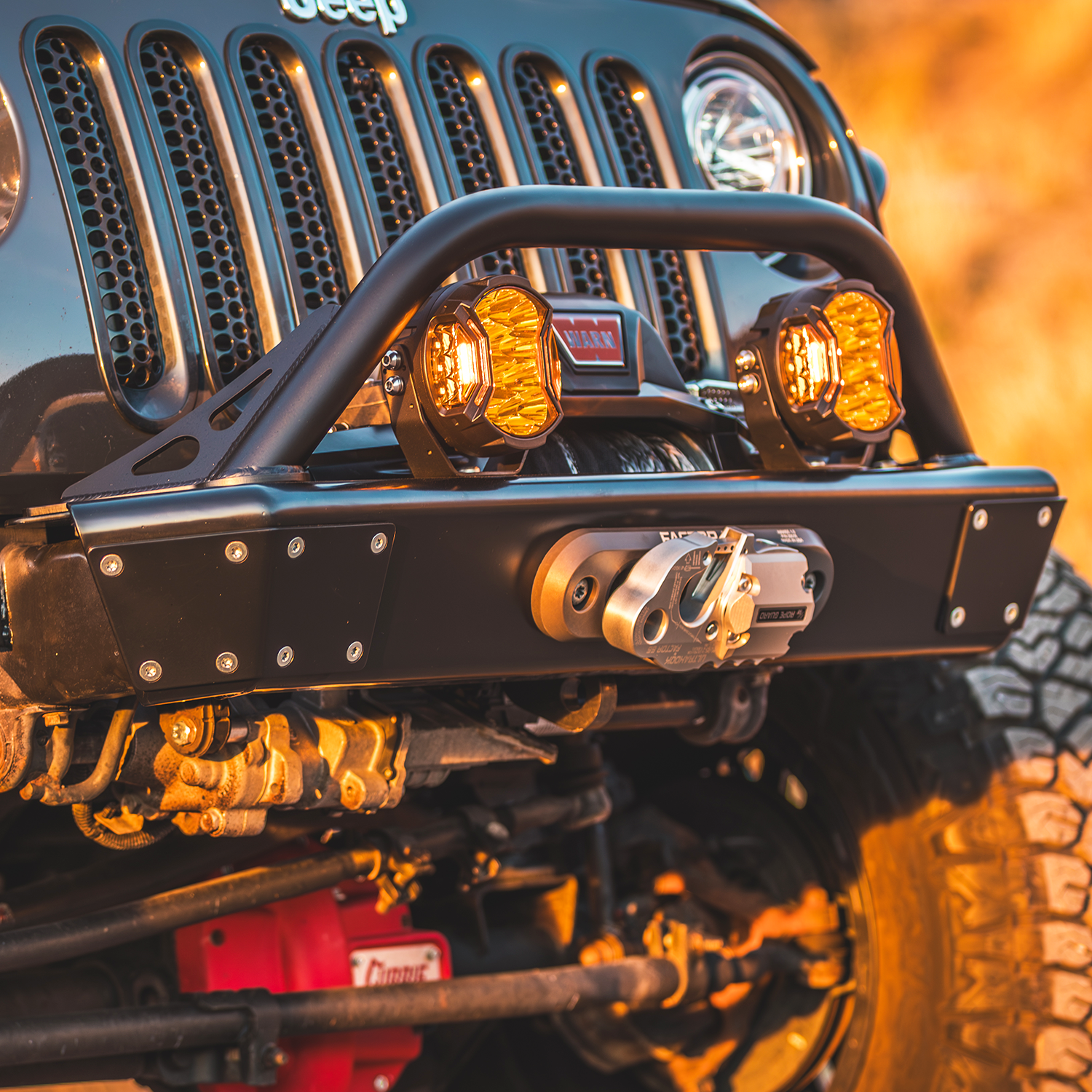 Jeep JK front bumper with hoop Warn Winch and Factor 55