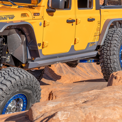 aluminum rocker trim kit installed on 2020-2026 Jeep Gladiator JT, 1/8-inch 6061 aluminum rocker armor