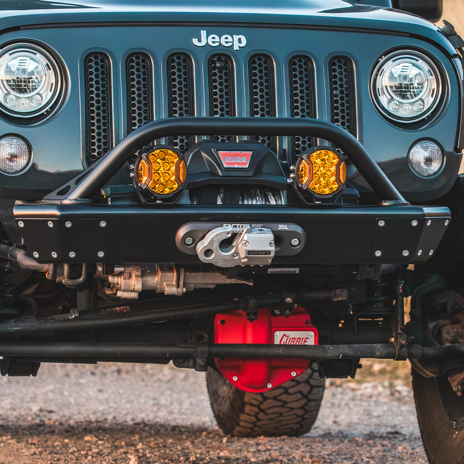 Savvy Legacy 6061 front bumper with hoop on Jeep JKU Wrangler, high-clearance low-profile 6061 aluminum