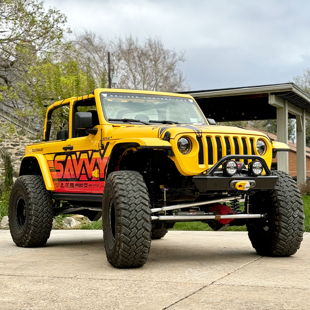 Savvy Legacy 6061 front bumper with hoop on Jeep JLU Wrangler, high-clearance low-profile 6061-T651 aluminum