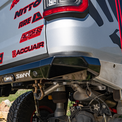 Savvy Legacy JT rear bumper replaceable aluminum bed caps covering trimmed Gladiator bed corners, clean finished look