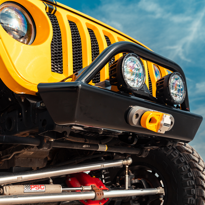 Savvy Legacy front bumper bolt-on hoop protecting Jeep JL grille and auxiliary lights, high-clearance approach angle