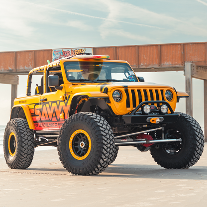Savvy Legacy front bumper with hoop auxiliary LED lighting mounted on Jeep JL, clearance behind hoop for lights
