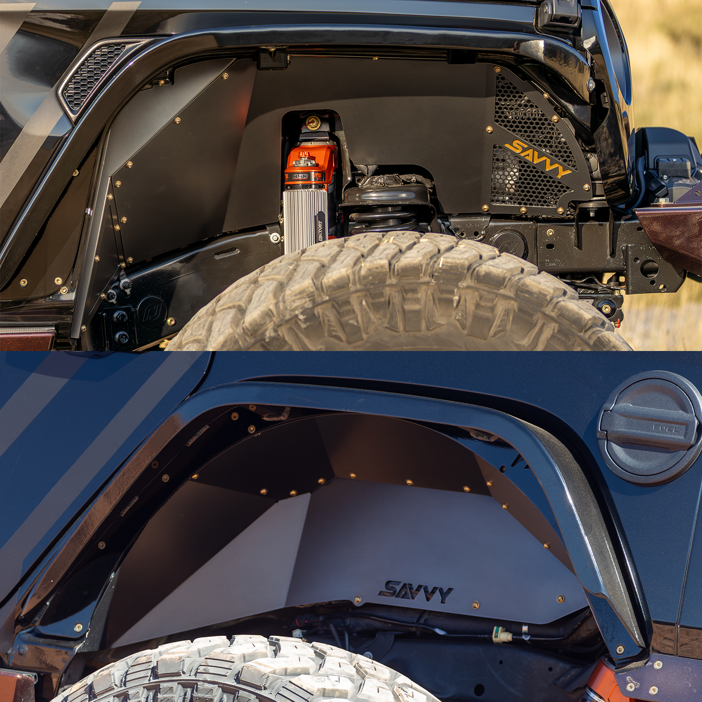 Savvy Offroad high clearance aluminum front and rear inner fender kit on 2018-2026 Jeep JL JLU, 40 inch tires