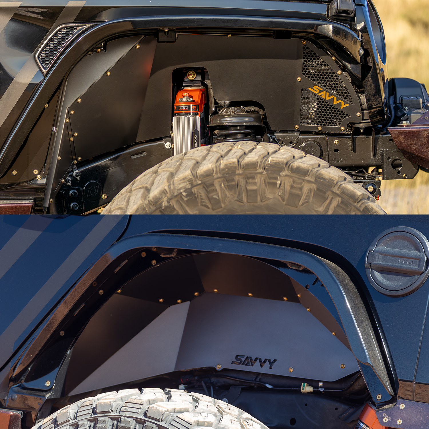 Savvy Offroad high clearance aluminum front and rear inner fender kit on 2018-2026 Jeep JL JLU, 40 inch tires