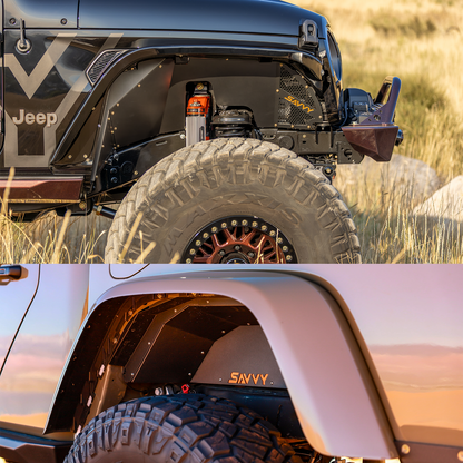 Savvy Offroad high clearance aluminum front rear inner fender kit on 2020-2026 Jeep Gladiator JT, 35 -42 inch tires
