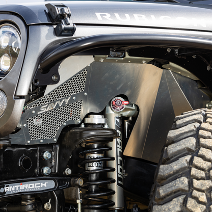 Savvy high-clearance aluminum front inner fenders for Jeep JK and JKU with vented design for 40 inch tire clearance