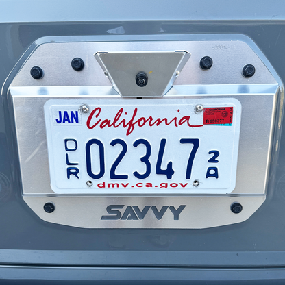 Savvy aluminum spare tire delete for Jeep JL and JLU with backup camera mount, chase light mount, and high-clearance rear profile
