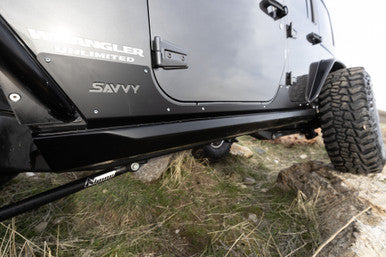 Savvy Off-Road Rocker Trim Kit installed on a Jeep JK for added body protection and sleek style