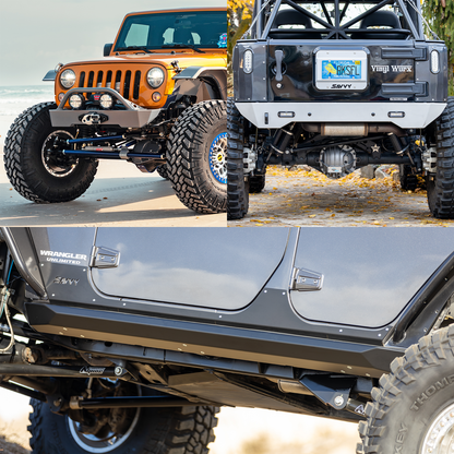 Savvy Offroad KRAWLER LITE Essentials Bundle with aluminum front bumper with hoop, high-clearance rear bumper, and bolt-on rock sliders for 2007–2018 Jeep Wrangler JKU