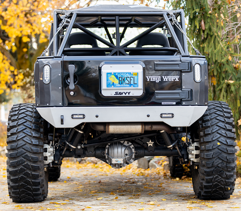 Savvy Offroad KRAWLER LITE 5052 aluminum high-clearance rear bumper adding 1.75 inches of ground clearance and 4 inches of improved departure angle on 2007–2018 Jeep Wrangler JKU