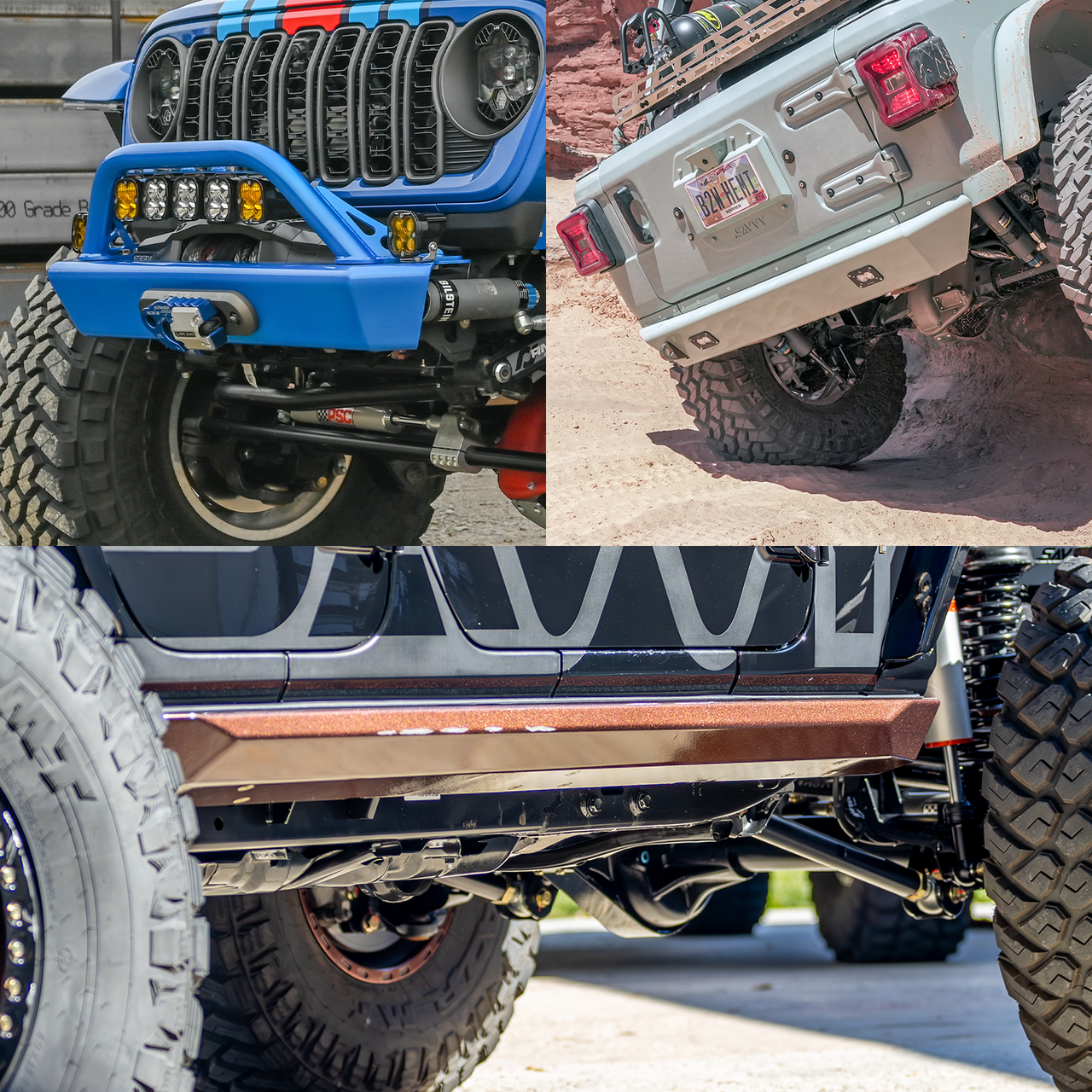 Savvy Offroad LEGACY 6061 Aluminum Essentials Bundle with front bumper with hoop, rear bumper, and bolt-on rock sliders for 2018–2026 Jeep Wrangler JLU
