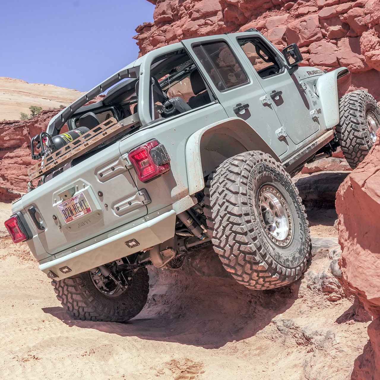 Savvy Offroad LEGACY 6061 ultra-lightweight 10-pound aluminum rear bumper with maximum departure angle and CNC-cut D-ring recovery mounts on Jeep Wrangler JLU