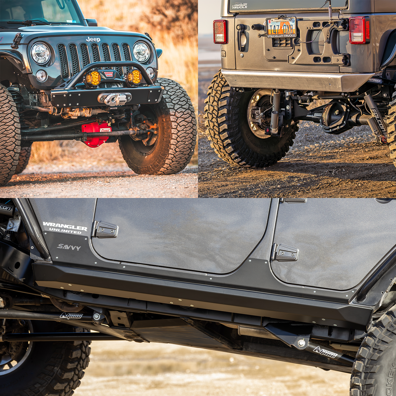 Savvy Offroad LEGACY Essentials Bundle with 6061 aluminum front bumper with hoop, rear bumper, and KRAWLER LITE bolt-on rock sliders for 2007–2018 Jeep Wrangler JKU